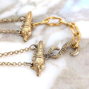 Rare Vintage Atelier Nina Gold Tone Necklace Choker with Foxes and Serpent Snake